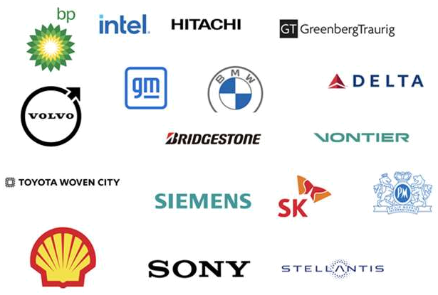 bp, Intel, Hitachi, Greenberg Traurig, Volvo, GM, BMW, Delta, Bridgestone, Vontier, Toyota Woven City, Siemens, SK, Philip Morris International, Shell, Sony, Stellantis